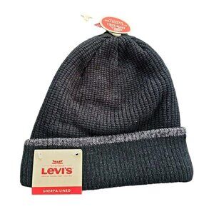 Levi's Beanie Superior Warmth  Sherpa Lined Black Cuffed Cap O/S Winter Hat NWT
